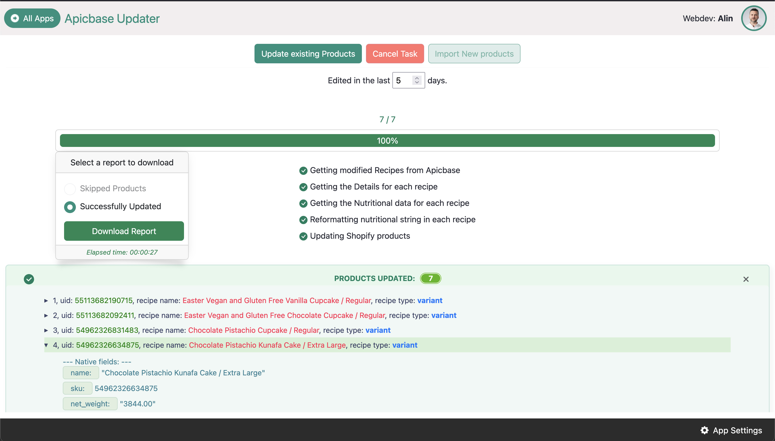 Results view with details on updated and skipped items