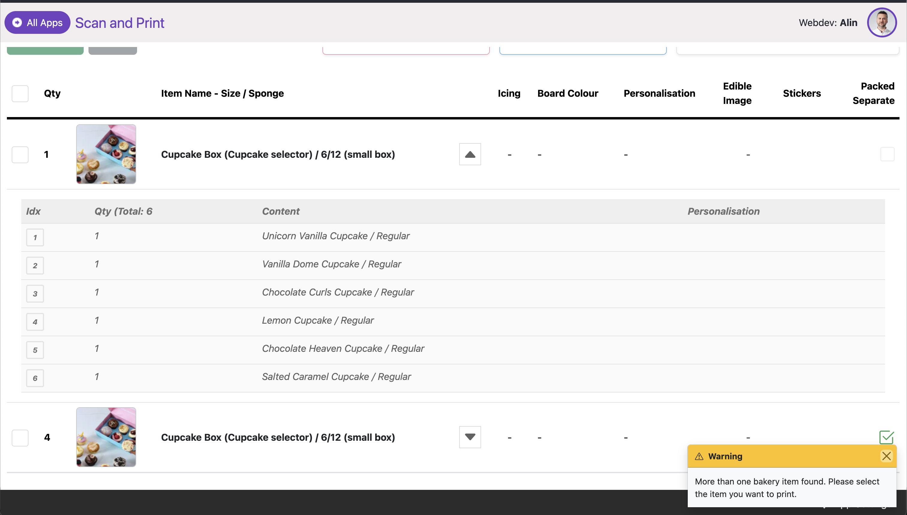 Box content view – shows what's in each package