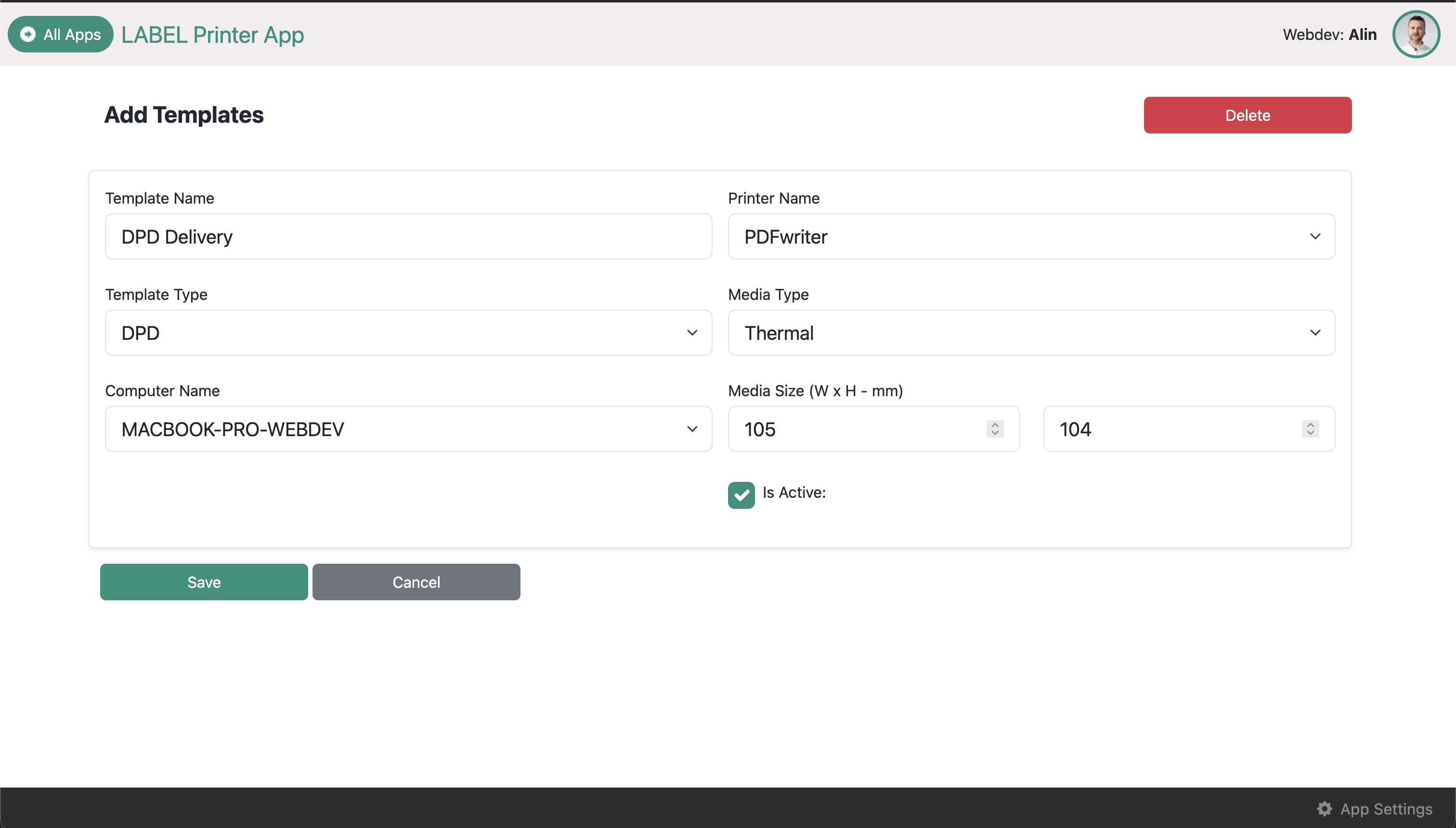 Form to create or edit a printer template